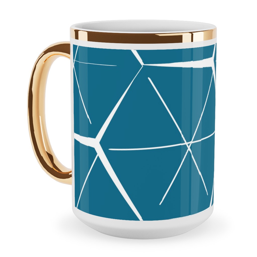 Hexagons - Blue Ceramic Mug, Gold Handle,  , 15oz, Blue
