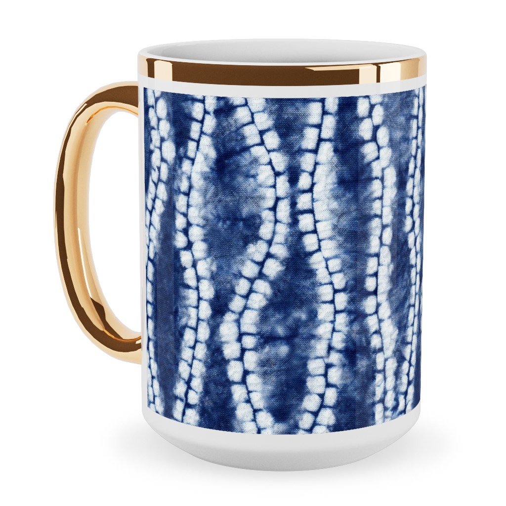 Shibori Ripples - Blue Ceramic Mug, Gold Handle, , 15oz, Blue, True Blue