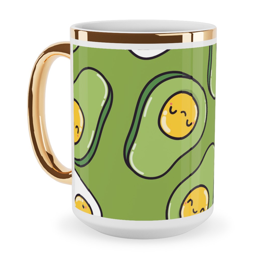 Cute Egg and Avocado - Green Ceramic Mug, Gold Handle, , 15oz, Green, Classic Green