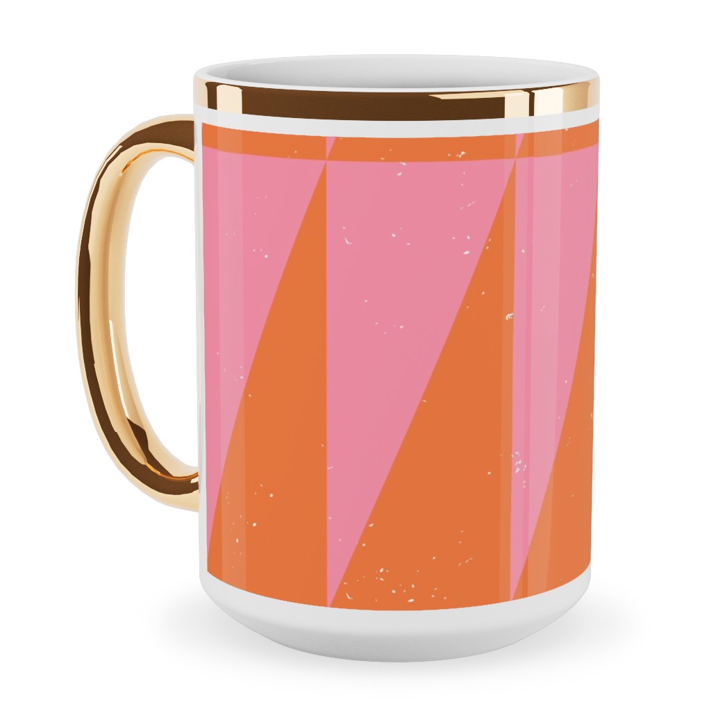 Dual Traingles - Pink Ceramic Mug, Gold Handle, , 15oz, Pink, Bright Pink