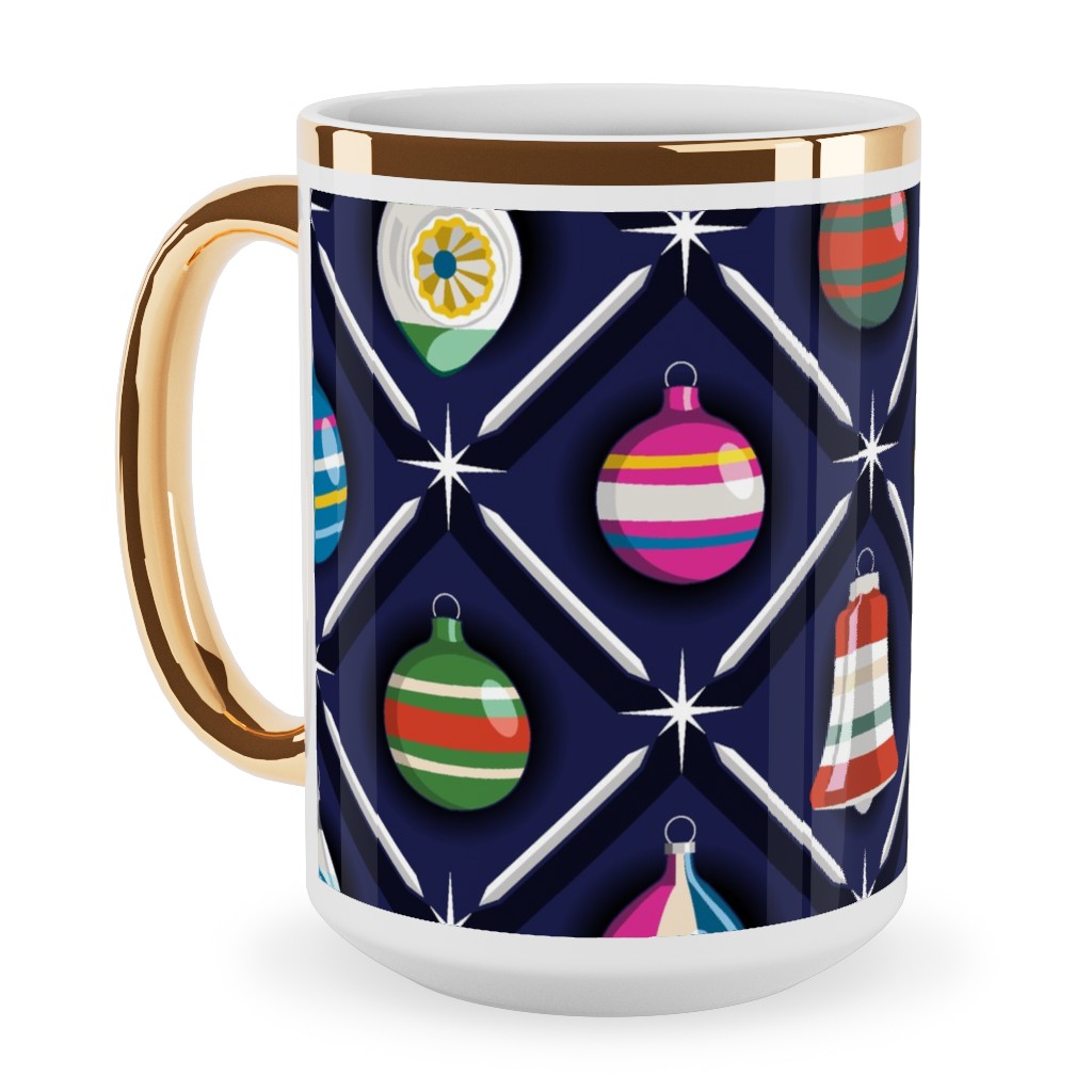 Shiny & Bright, Vintage Glass Ornaments - Multi Ceramic Mug, Gold Handle, , 15oz, Multicolor