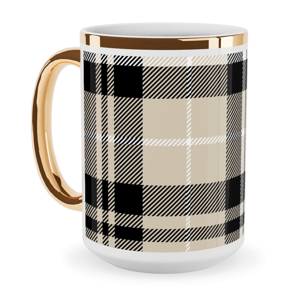 Fall Plaid Ceramic Mug, Gold Handle,  , 15oz, Beige