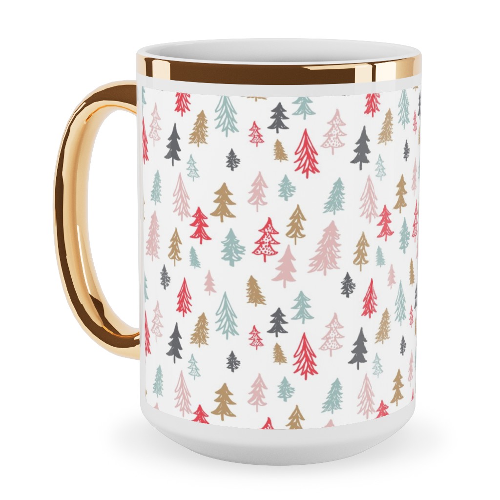 Forest Sketch - Red and Pink Ceramic Mug, Gold Handle,  , 15oz, Red