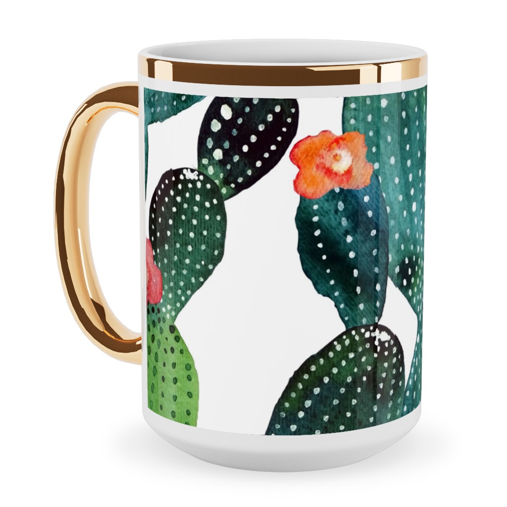 Cactuses - Green Ceramic Mug, Gold Handle,  , 15oz, Green