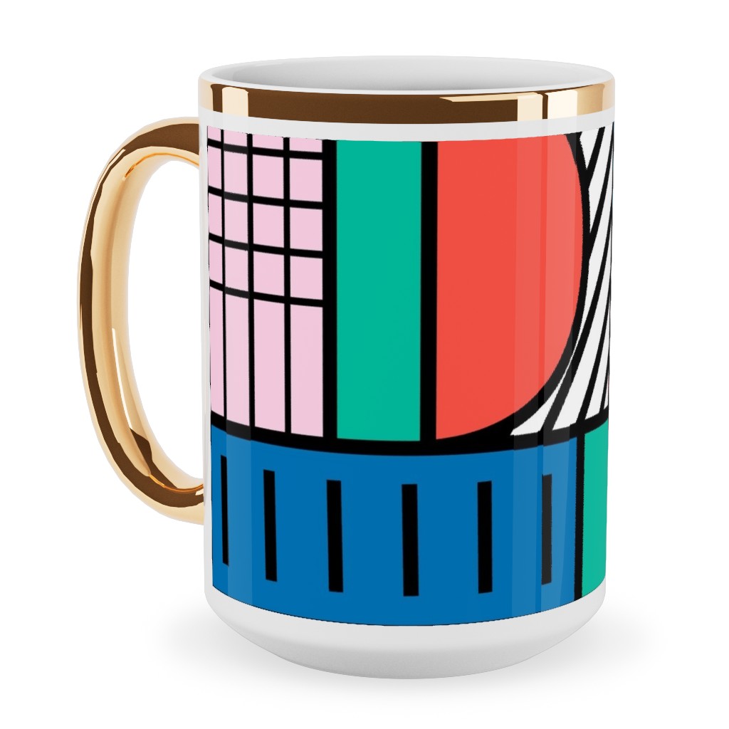 Memphis Color Block Ceramic Mug, Gold Handle, , 15oz, Multicolor