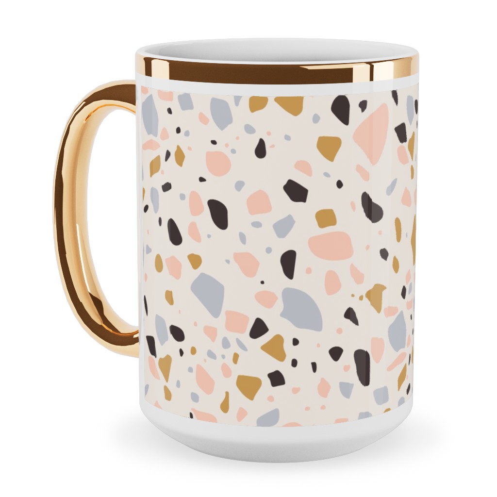 Terrazzo Coral - Gold Ceramic Mug, Gold Handle, , 15oz, Beige, Pearl