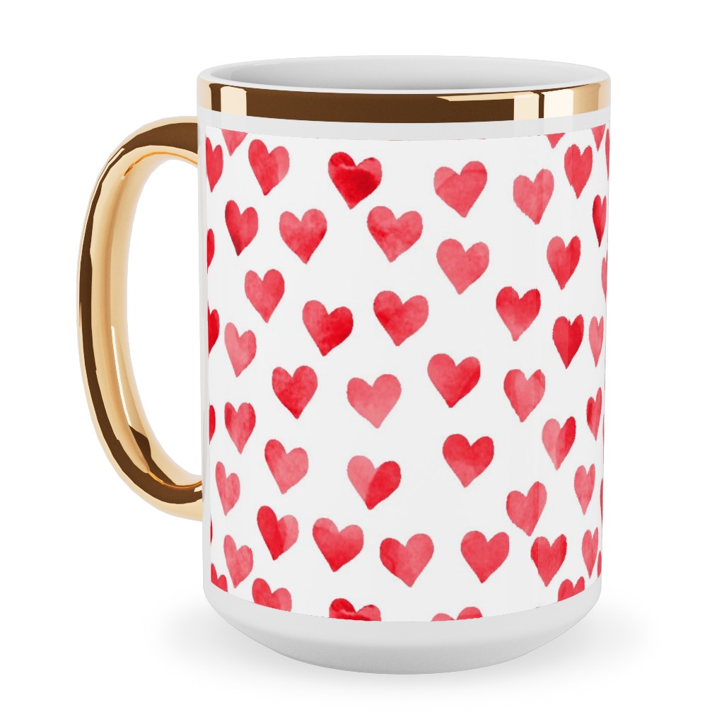Watercolor Hearts - Red Ceramic Mug, Gold Handle,  , 15oz, Red