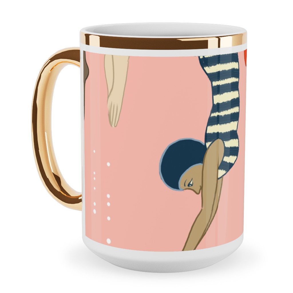 Lady Divers - Pink Ceramic Mug, Gold Handle, , 15oz, Pink, Bright Pink