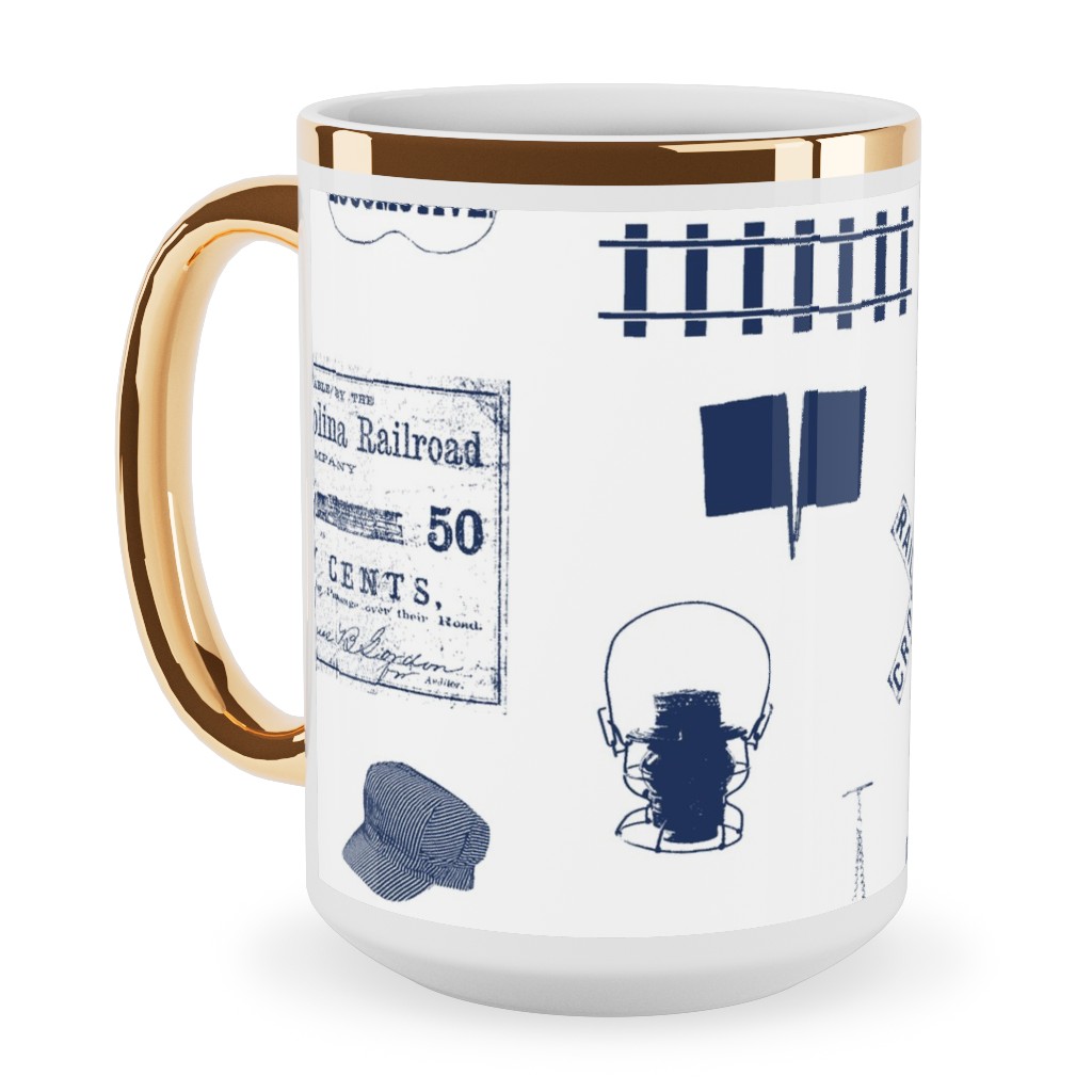 Railroad Ceramic Mug, Gold Handle, , 15oz, Blue, Baltic