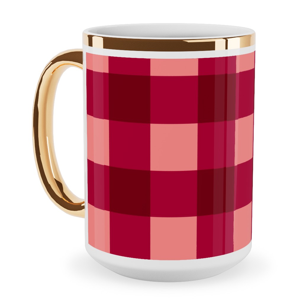 Gingham Check - Red and Pink Ceramic Mug, Gold Handle,  , 15oz, Red
