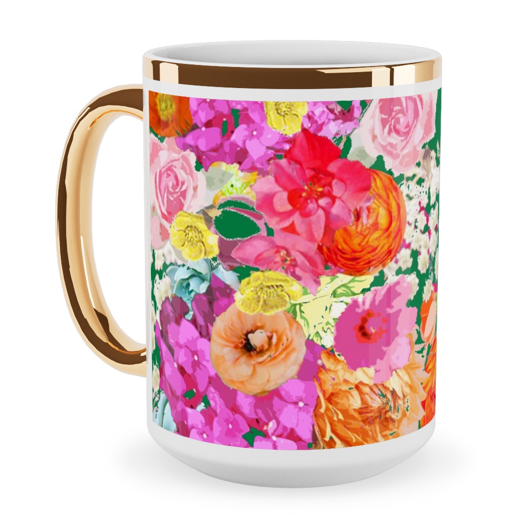 Summer Bright Floral - Kelly Green Ceramic Mug, Gold Handle, , 15oz, Pink, Bright Pink