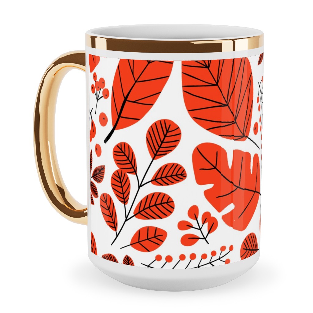 Red Leaves Ceramic Mug, Gold Handle,  , 15oz, Red