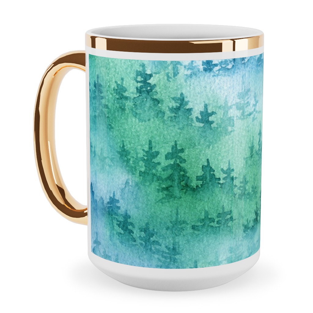 Watercolor Forest - Green and Blue Ceramic Mug, Gold Handle,  , 15oz, Green