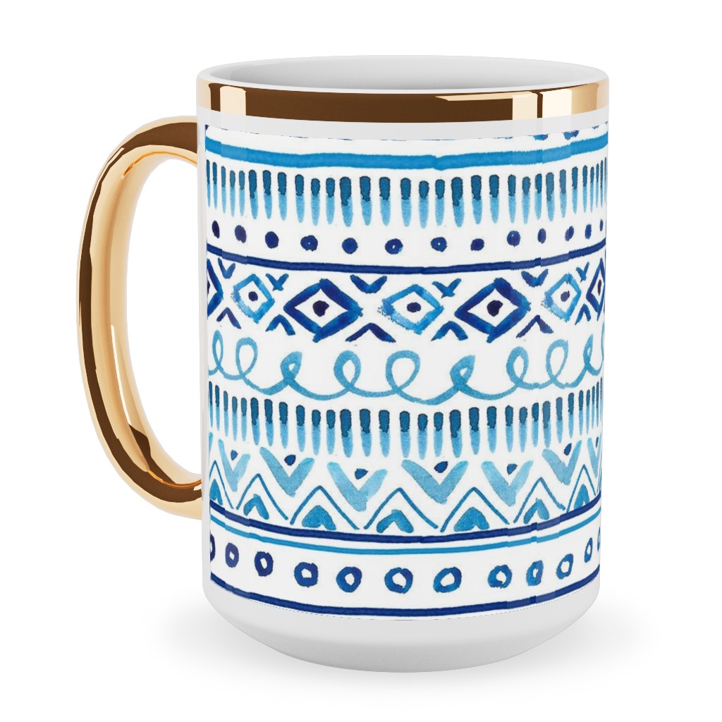 Painted Stripe - Blue Ceramic Mug, Gold Handle, , 15oz, Blue, True Blue