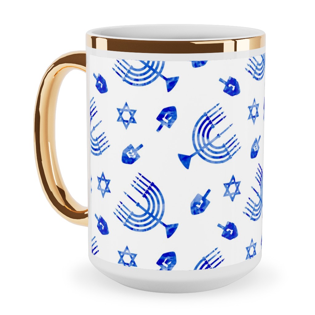 Hanukkah Watercolor Menorah, Dreidel, Star of David - Blue Ceramic Mug, Gold Handle, , 15oz, Blue, True Blue