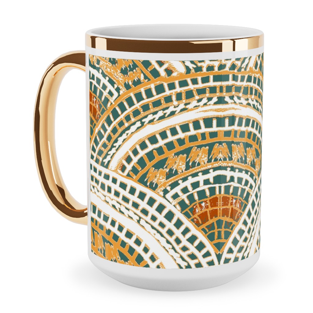 Earthy Fans - Orange Green and Gold Ceramic Mug, Gold Handle,  , 15oz, Multicolor