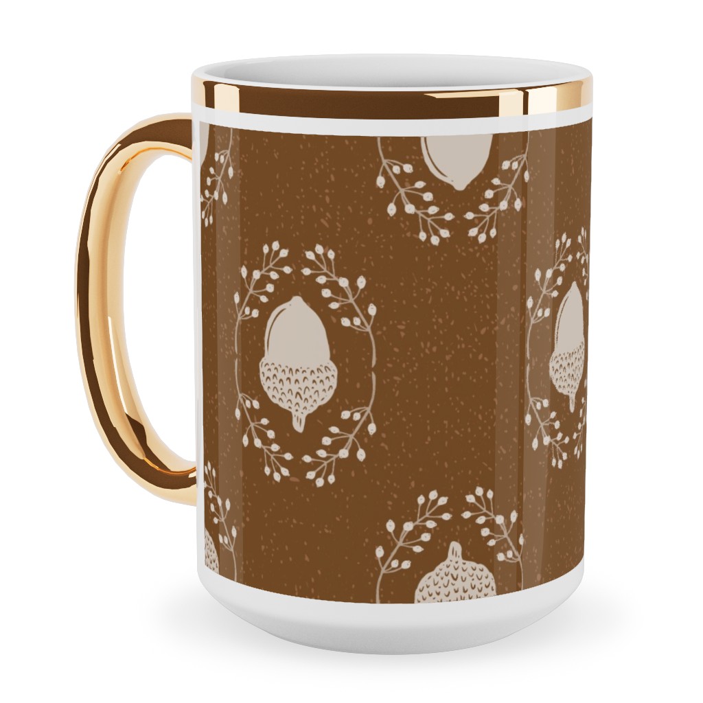 Autumn Acorn Rosehip Textured Damask Ceramic Mug, Gold Handle, , 15oz, Brown, Sap