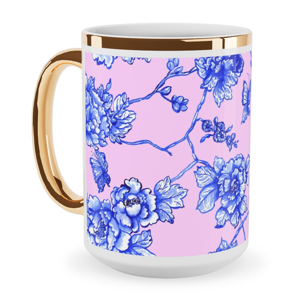 Chinoiserie Floral - Blush Ceramic Mug, Gold Handle,  , 15oz, Pink