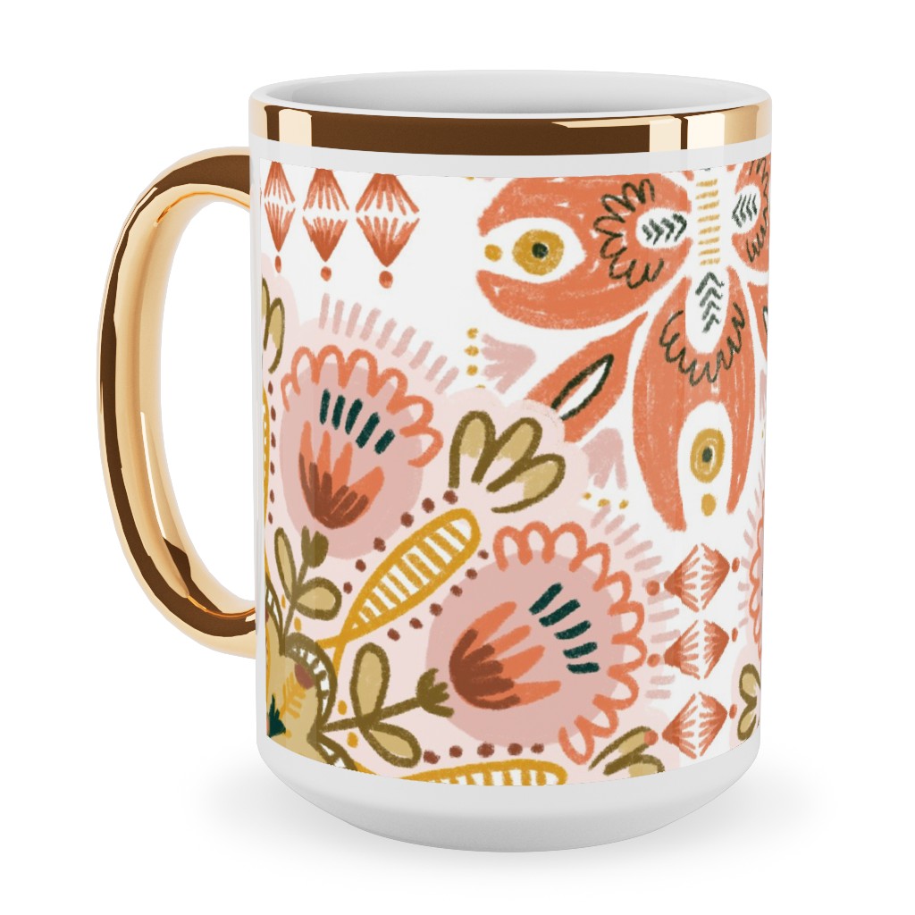Pysanky - Boho - Warm Ceramic Mug, Gold Handle,  , 15oz, Pink