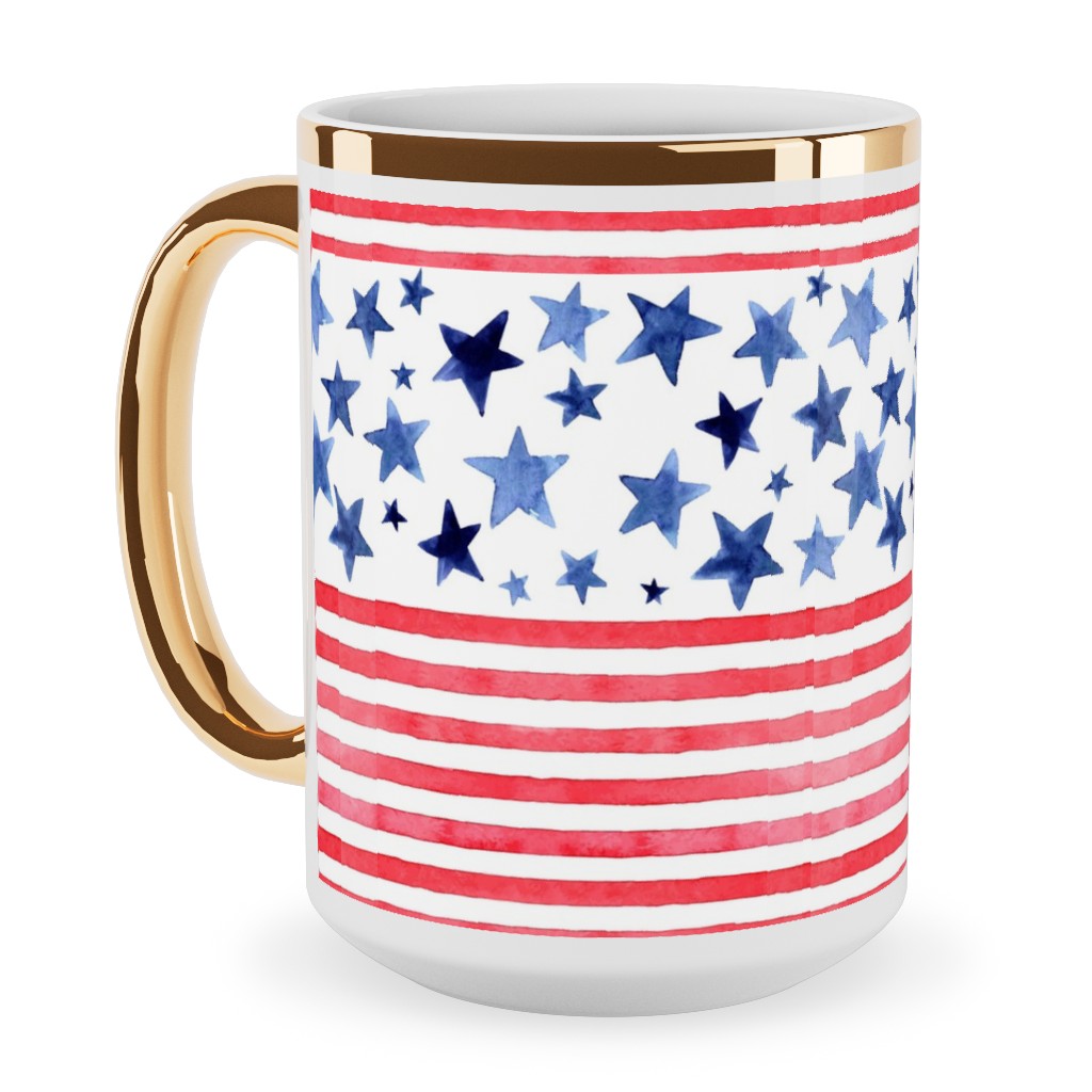 Watercolor Stars and Stripes - Red White and Blue Ceramic Mug, Gold Handle,  , 15oz, Red