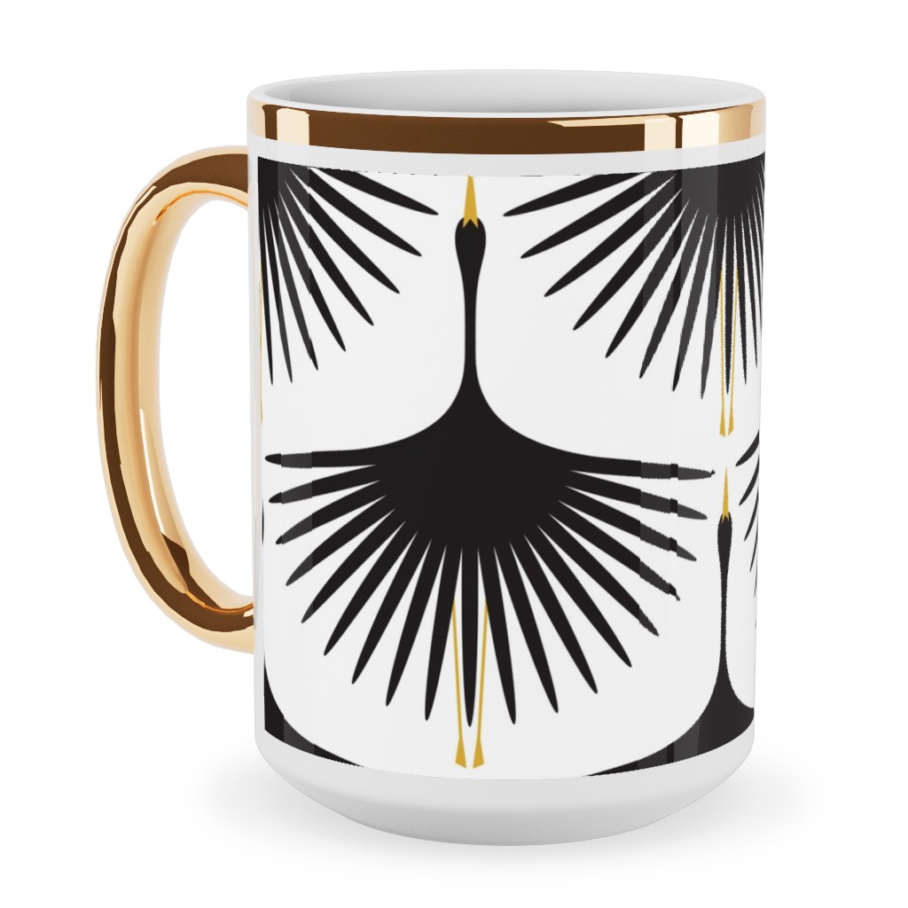 Art Deco Swans Ceramic Mug, Gold Handle, , 15oz, White, White