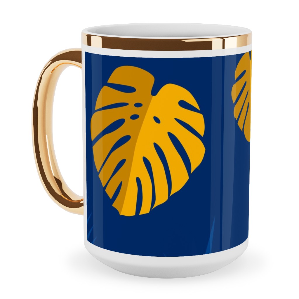 Tropical Leaves - Blue Ceramic Mug, Gold Handle, , 15oz, Blue, True Blue