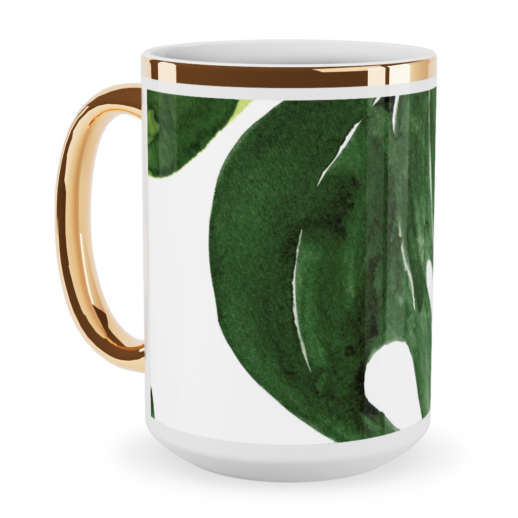 Monstera Tropical Leaves - Green Ceramic Mug, Gold Handle, , 15oz, Green, Classic Green