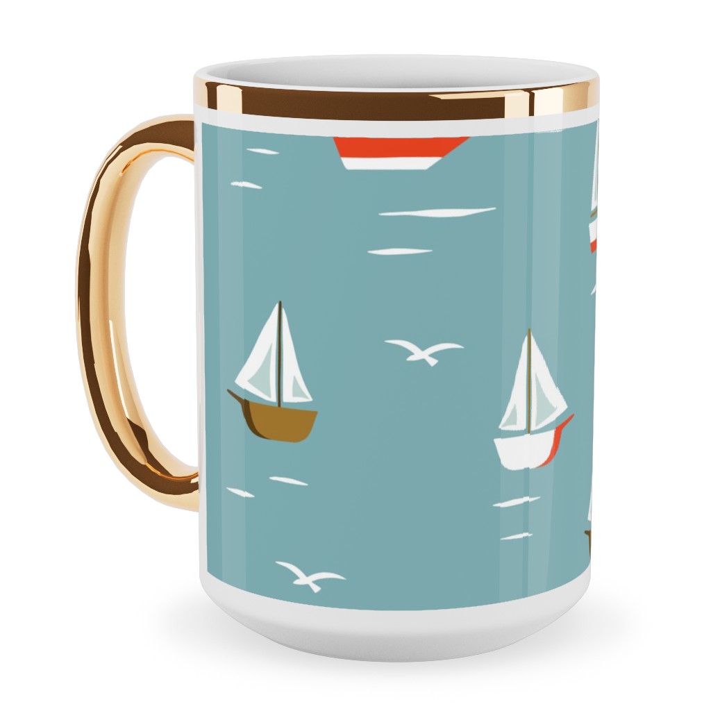 Sailboats Ceramic Mug, Gold Handle, , 15oz, Blue, Deep Turquoise