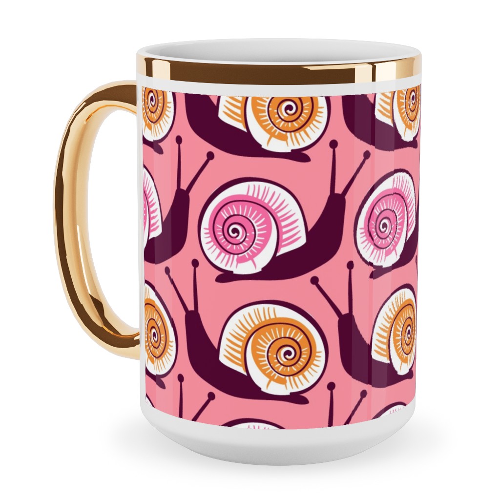 Snails Ceramic Mug, Gold Handle, , 15oz, Pink, Peony