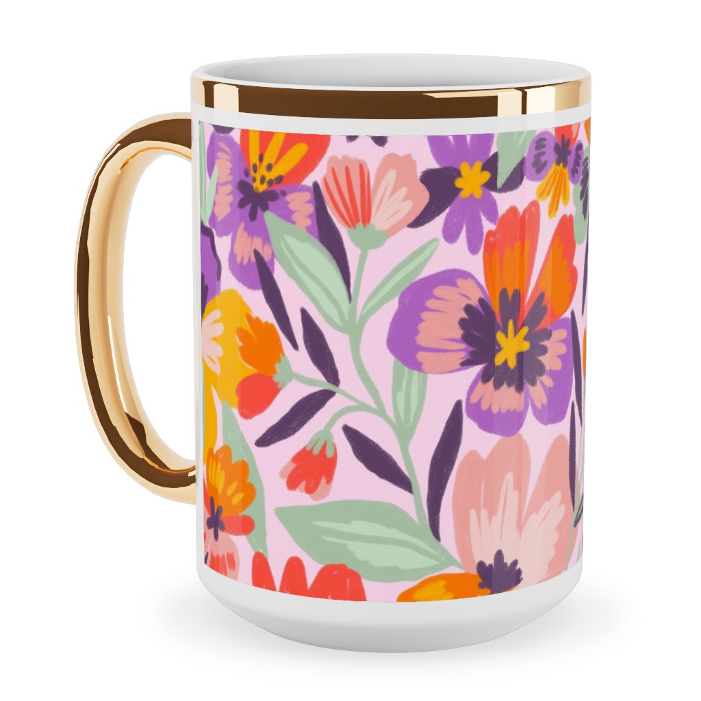 Pansies Ceramic Mug, Gold Handle, , 15oz, Multicolor