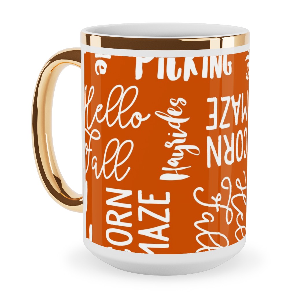 Favorite Things of Fall - Fall Words on Cider Ceramic Mug, Gold Handle,  , 15oz, Orange