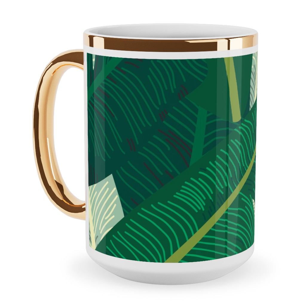 Classic Banana Leaves - Palm Springs Green Ceramic Mug, Gold Handle, , 15oz, Green, Classic Green