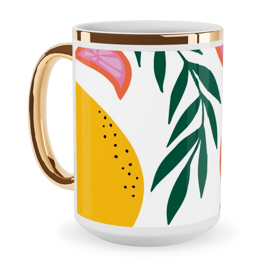 Citrus Grove - Pink and Yellow Ceramic Mug, Gold Handle,  , 15oz, Pink