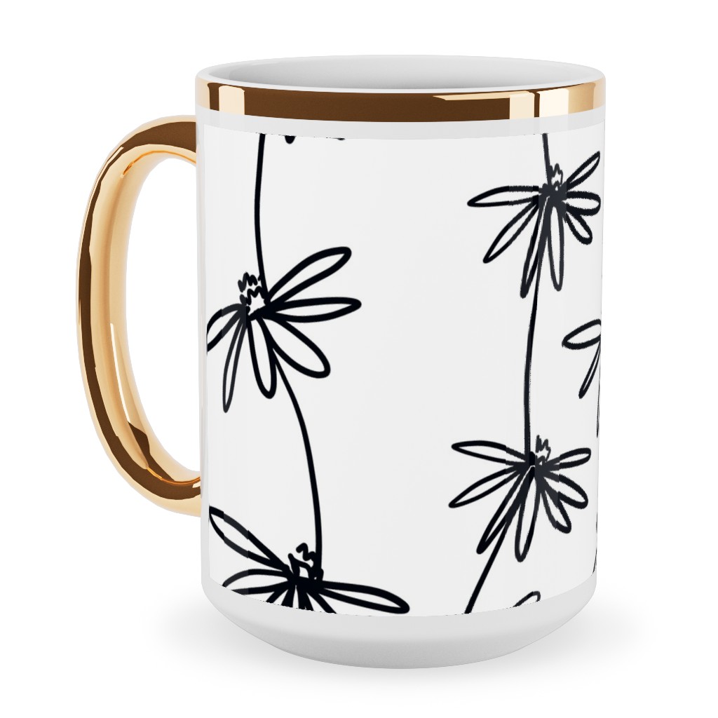 Daisy Chain - Black and White Ceramic Mug, Gold Handle, , 15oz, White, White