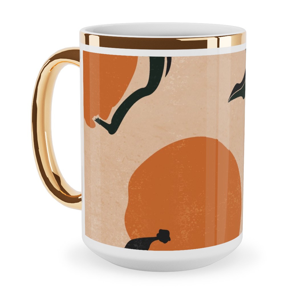 Mid-Century Clementines - Sandy Beige Ceramic Mug, Gold Handle,  , 15oz, Orange