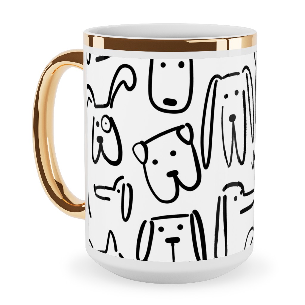 Playful Pups - Black and White Ceramic Mug, Gold Handle, , 15oz, White, White