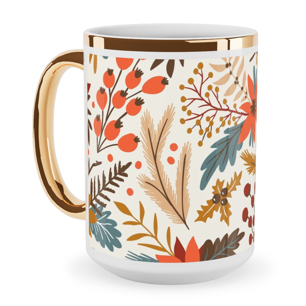 Christmas Flowers - Multi Ceramic Mug, Gold Handle, , 15oz, Multicolor