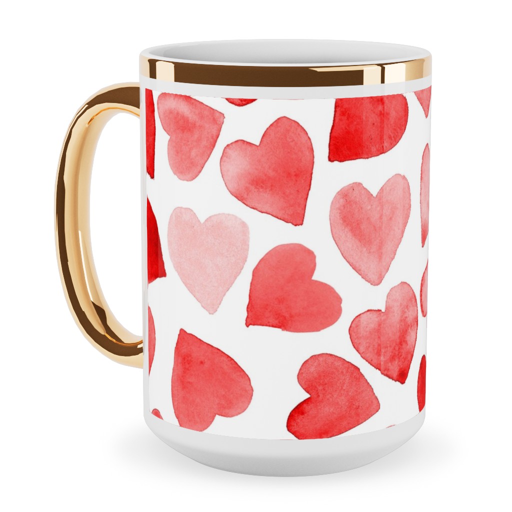 Red Hearts Watercolor - Red Ceramic Mug, Gold Handle,  , 15oz, Red