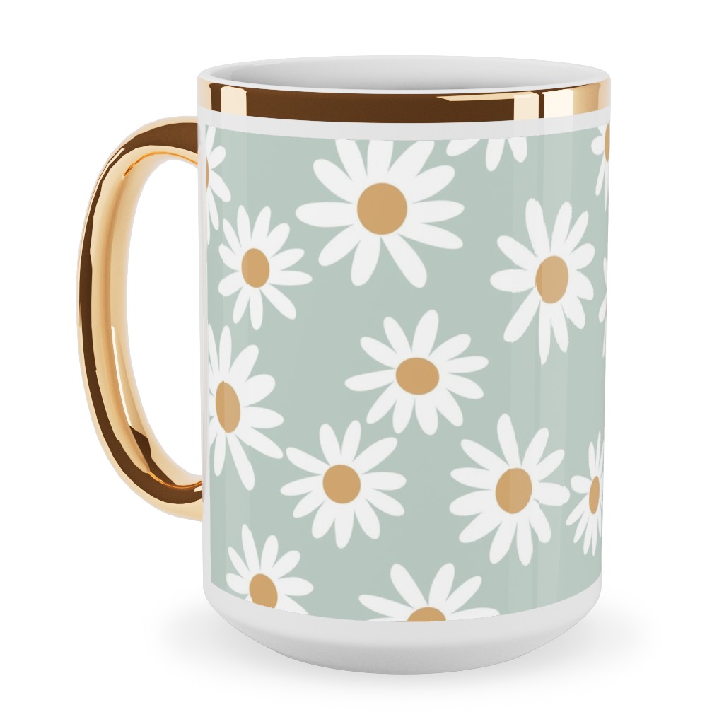 Daisies Ceramic Mug, Gold Handle, , 15oz, Blue, Celeste