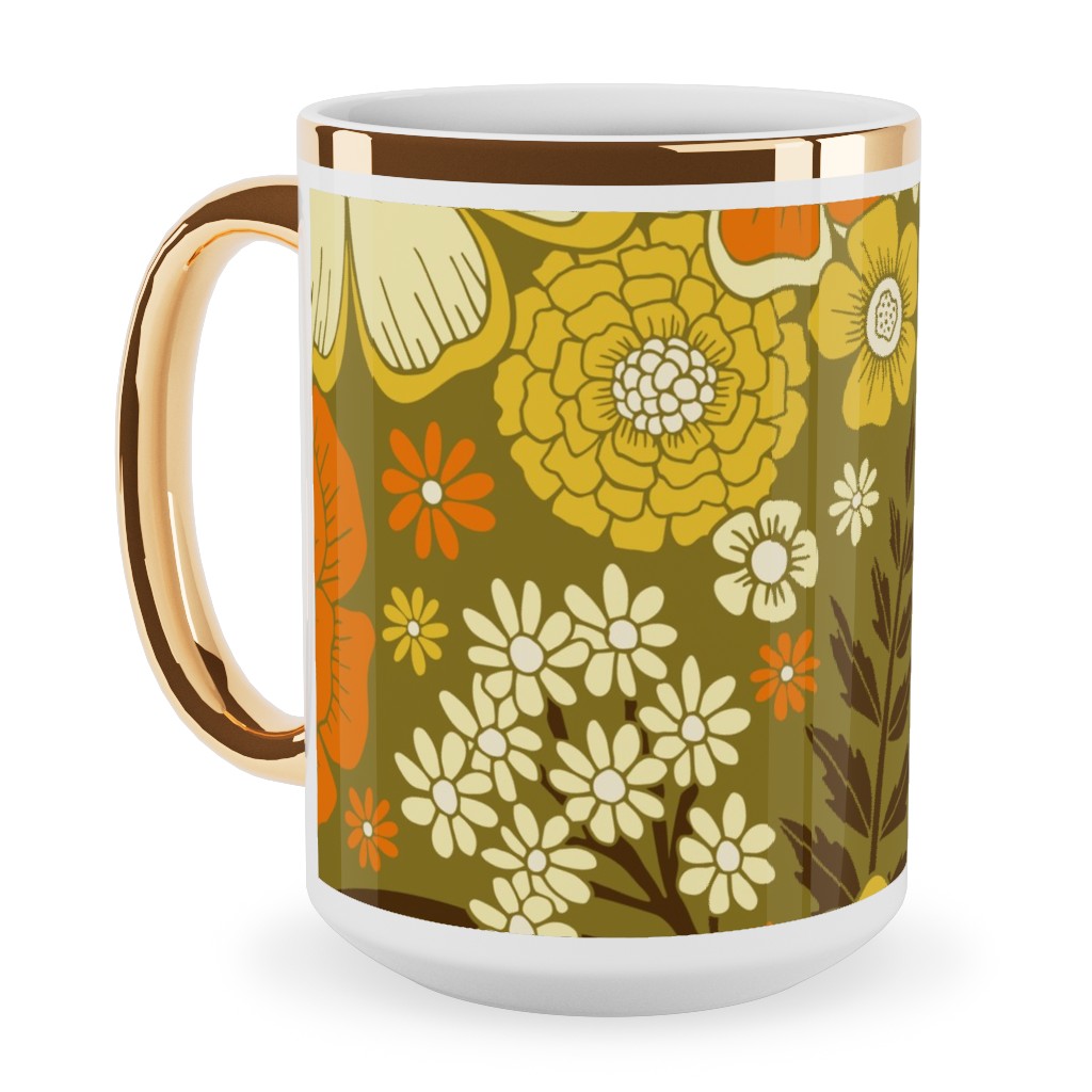 1970s Retro/Vintage Floral - Yellow and Brown Ceramic Mug, Gold Handle, , 15oz, Yellow, Classic Yellow