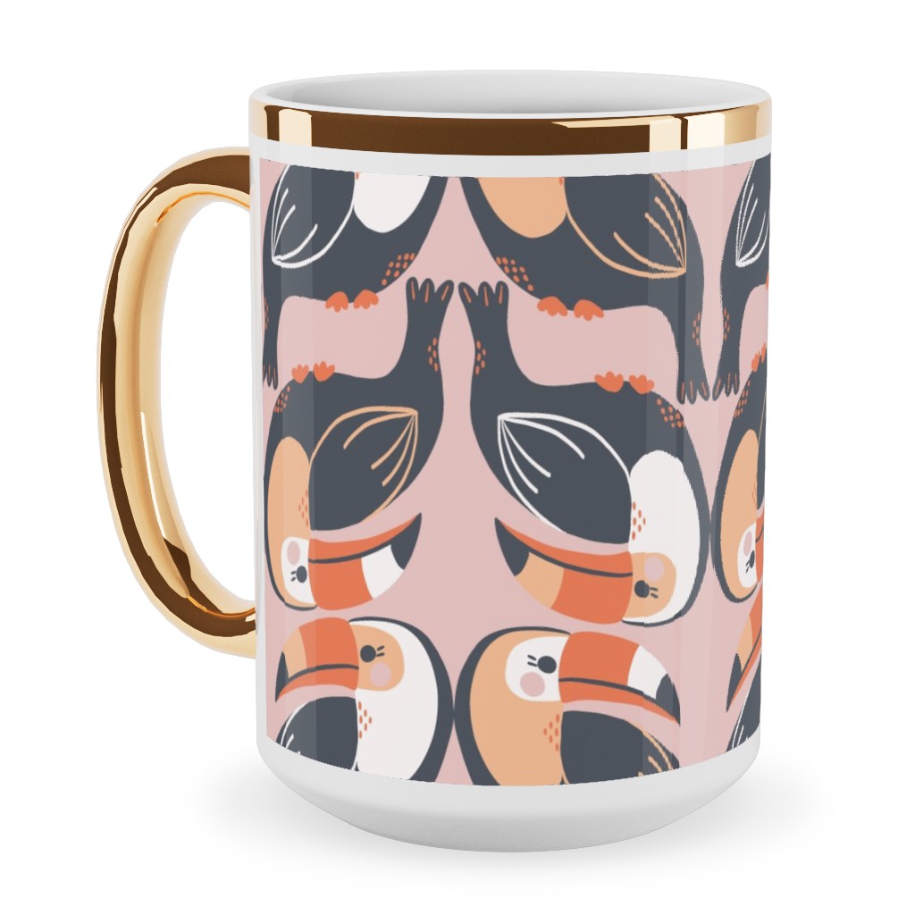 Toucan Stack - Pink Ceramic Mug, Gold Handle, , 15oz, Pink, Bright Pink