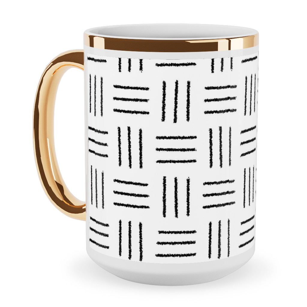 Mudcloth Basket Weave - Black on White Ceramic Mug, Gold Handle, , 15oz, White, White