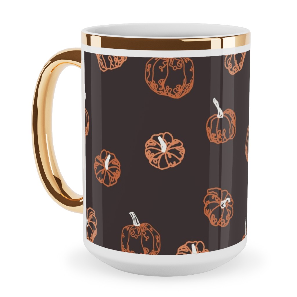 Pumpkins Ceramic Mug, Gold Handle, , 15oz, Brown, Brown