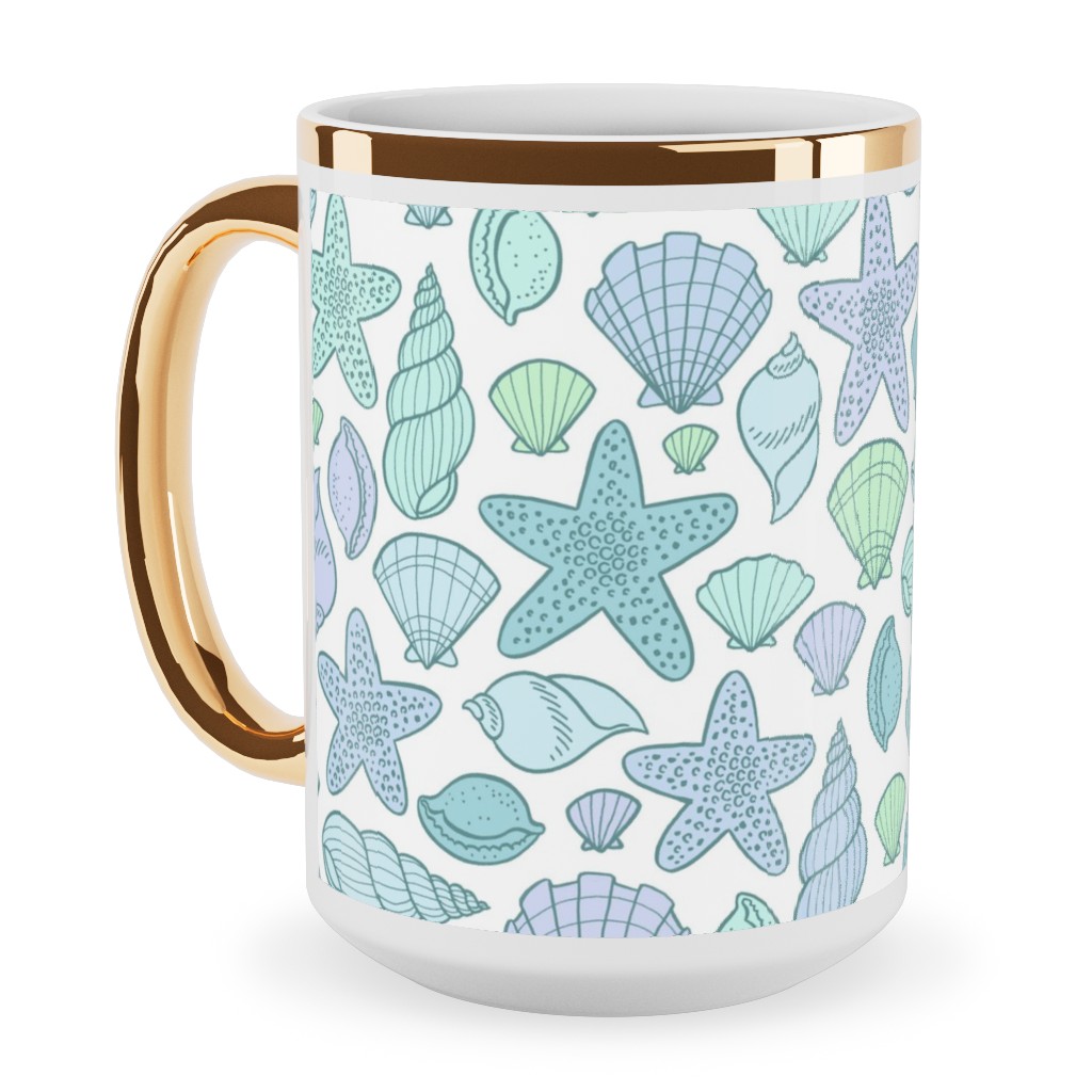 Seashells - Cool Blues Ceramic Mug, Gold Handle, , 15oz, Blue, True Blue