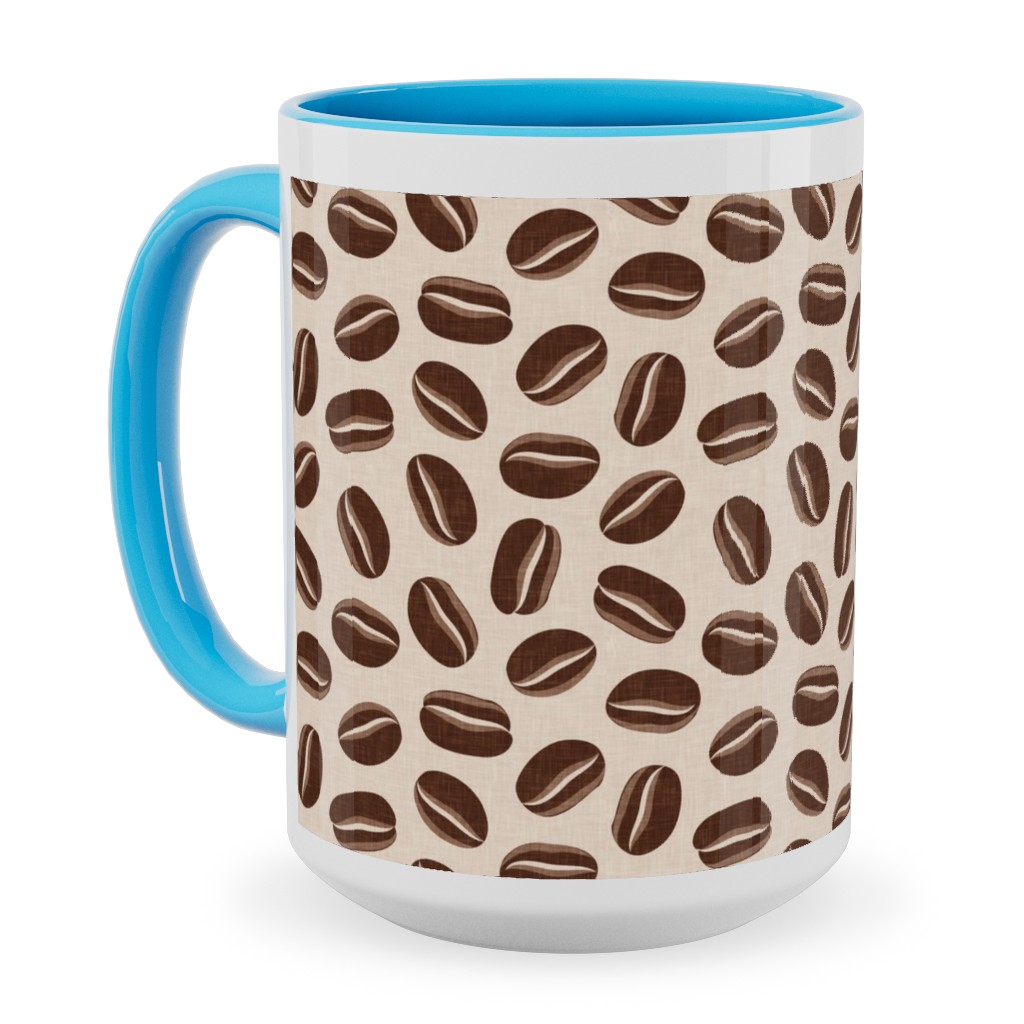 Coffee Beans - Coffee House - Beige Ceramic Mug, Light Blue,  , 15oz, Brown