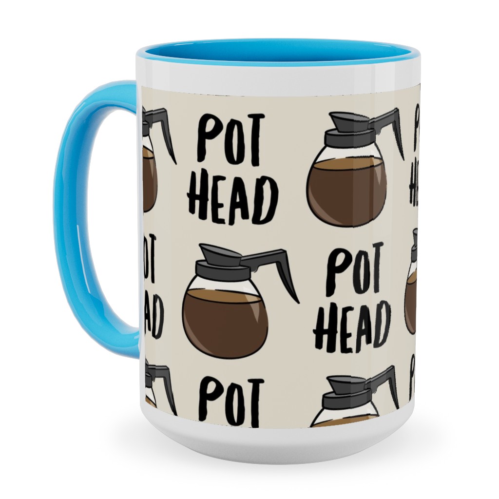 Coffee Pots - Beige Ceramic Mug, Light Blue,  , 15oz, Brown