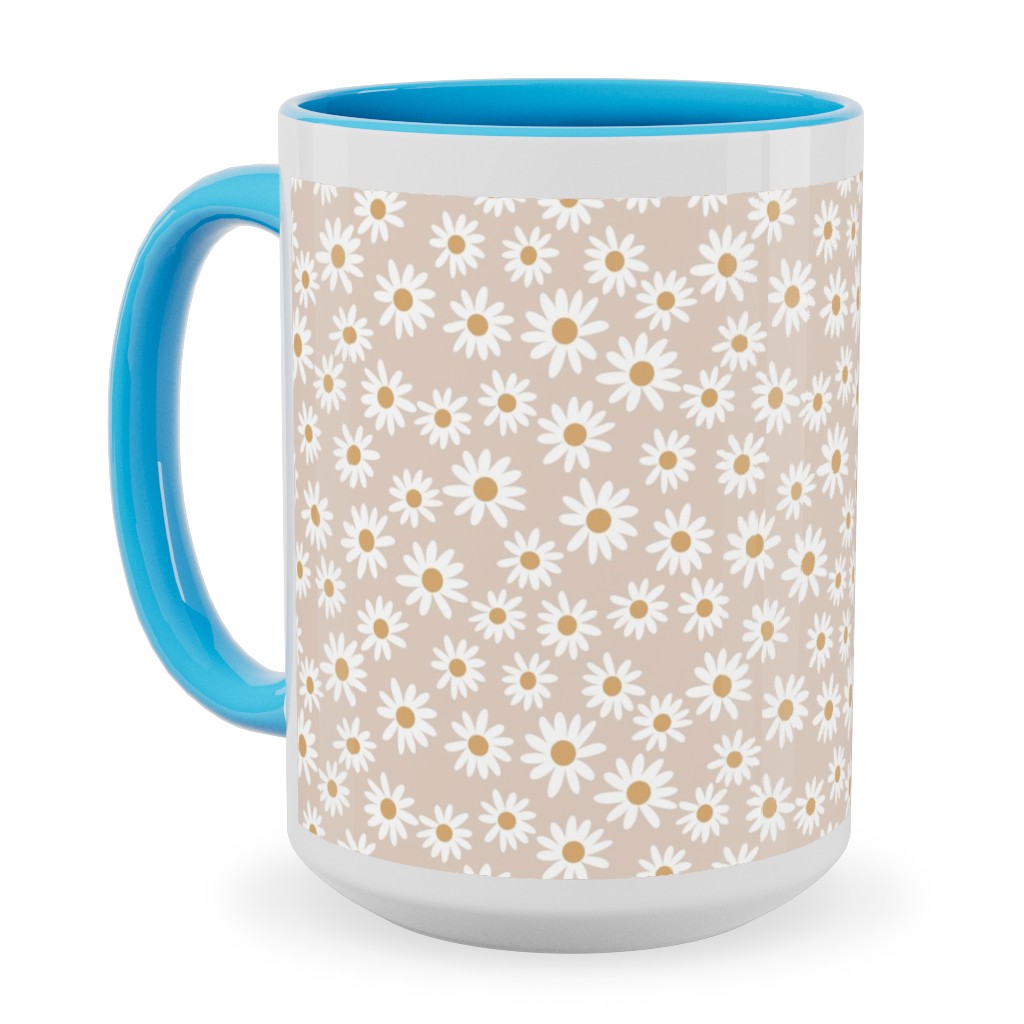 Daisy Print Ceramic Mug, Light Blue, , 15oz, Beige, Pearl