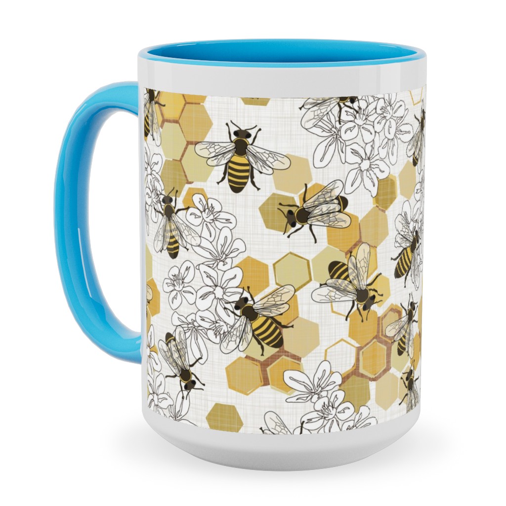Save the Honey Bees - Yellow Ceramic Mug, Light Blue,  , 15oz, Yellow