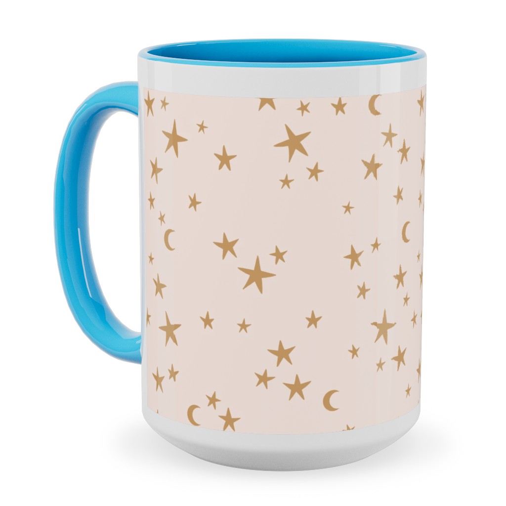 Stars & Moon - Starry Night Universe - Beige and Brown Ceramic Mug, Light Blue,  , 15oz, Pink