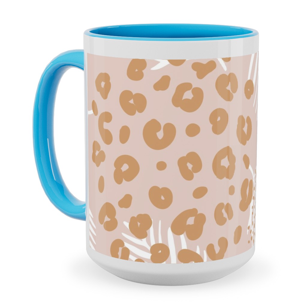 Palm Leaves and Animal Panther Spots - Beige Ceramic Mug, Light Blue,  , 15oz, Pink